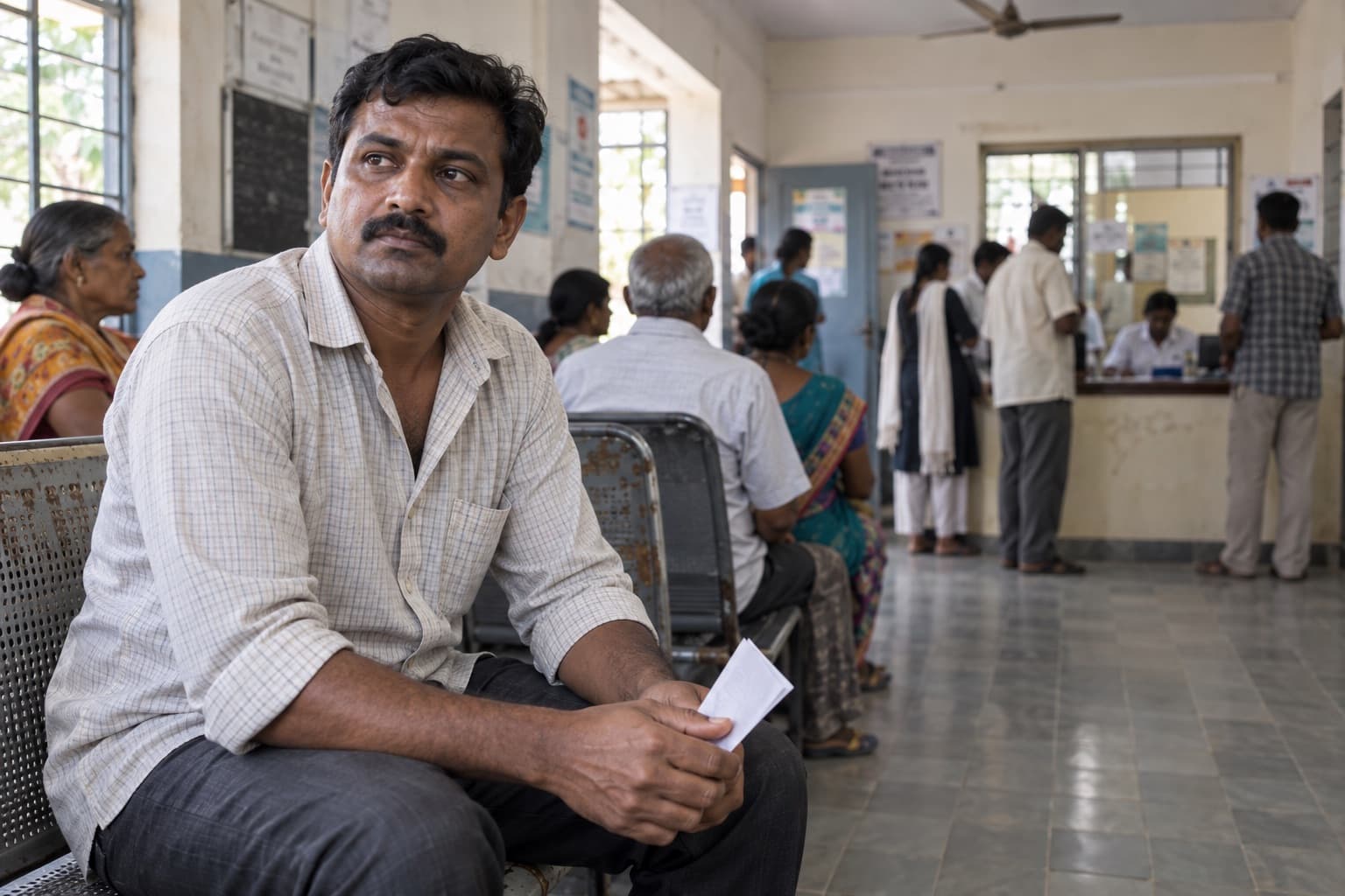 An Indian man waits thoughtfully at a modest public clinic for a routine check
