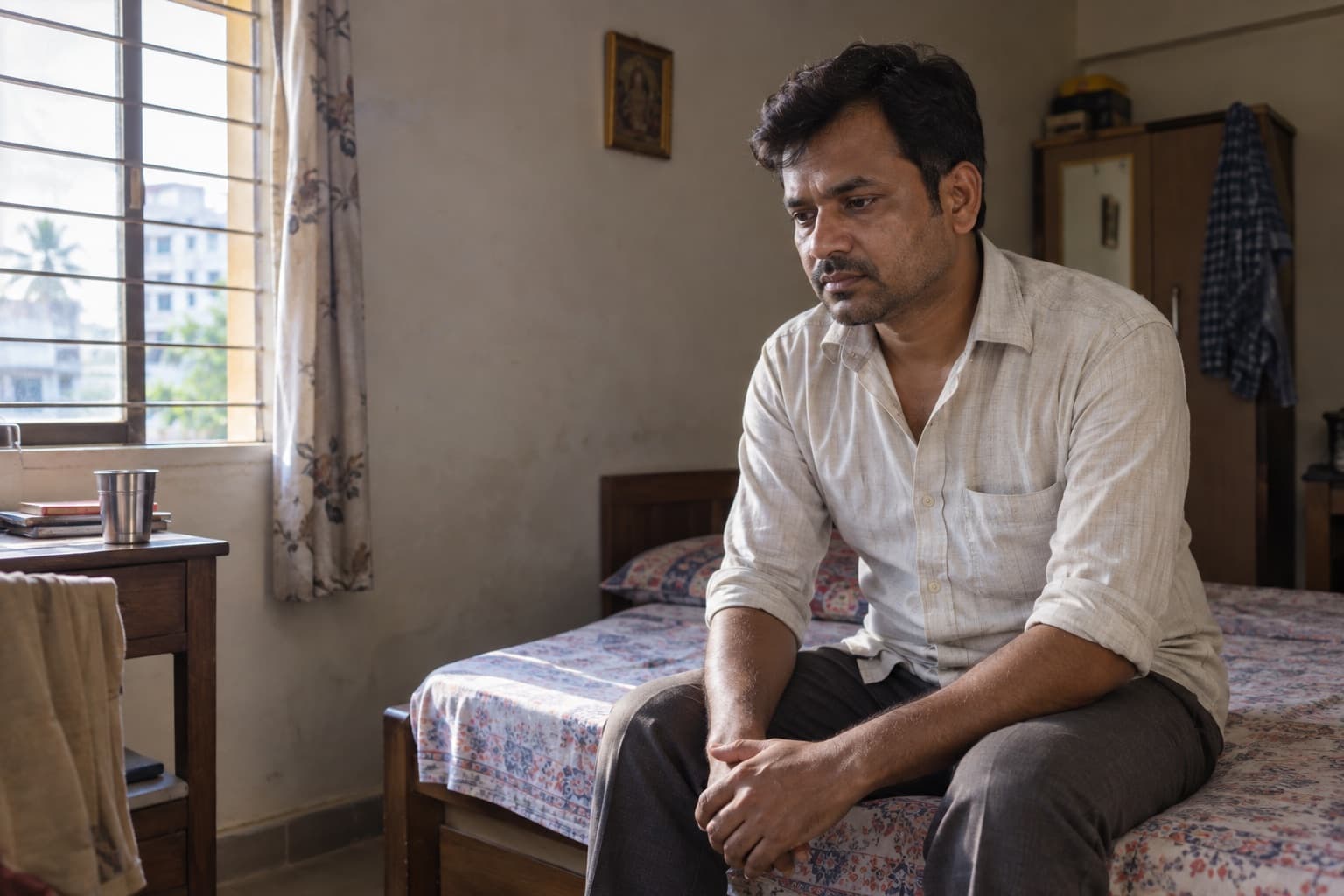 An Indian man sits pensively on a bed in his modest home