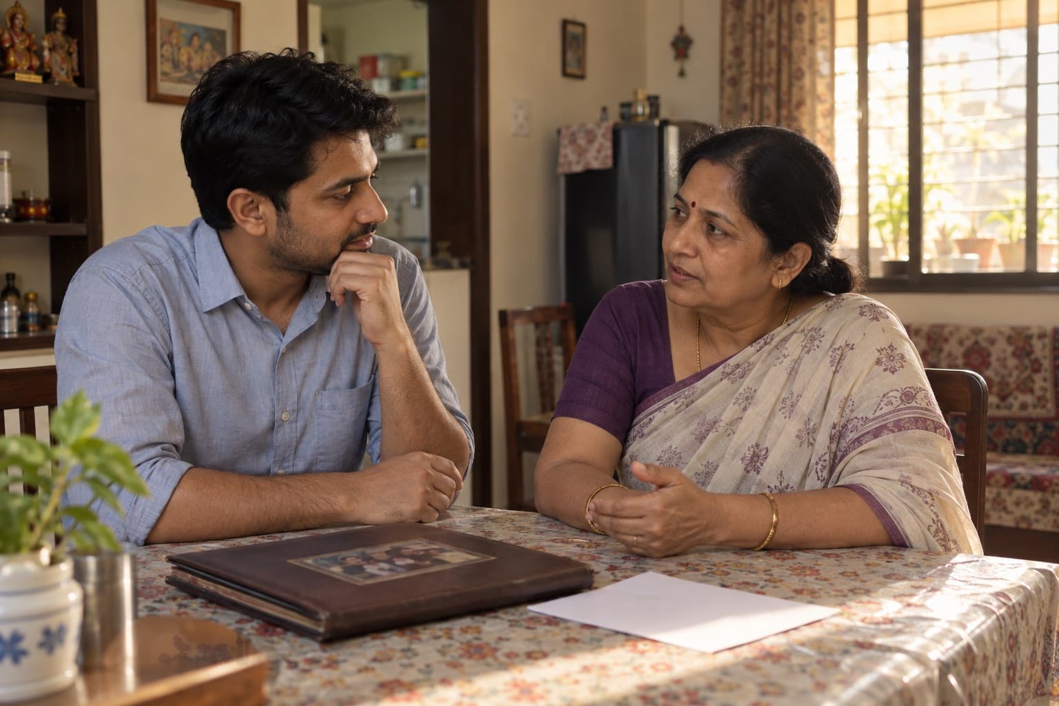 An Indian son talks with his mother about family health in their modest home