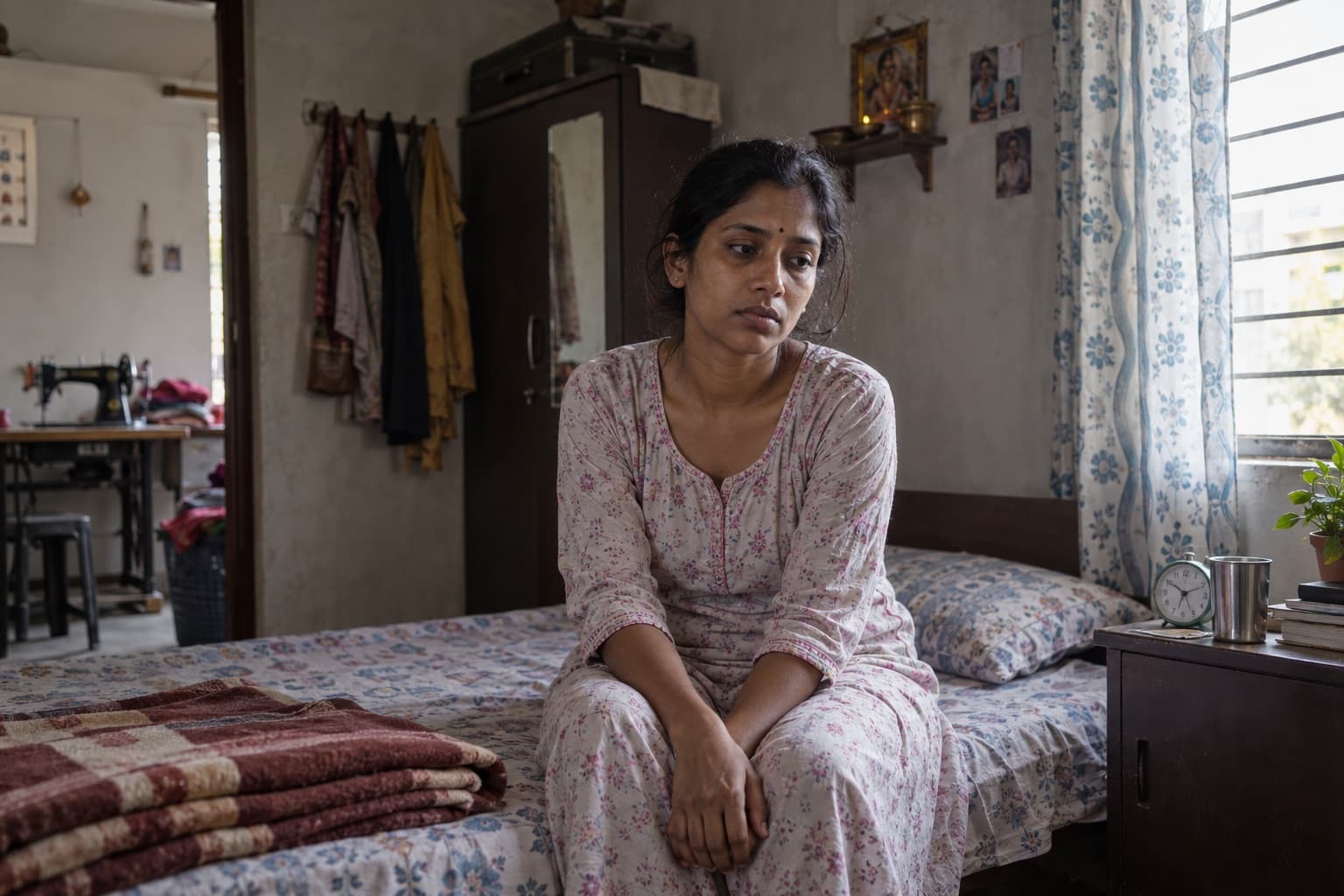 A tired Indian woman sits awake at dawn in a modest room with a sewing machine nearby