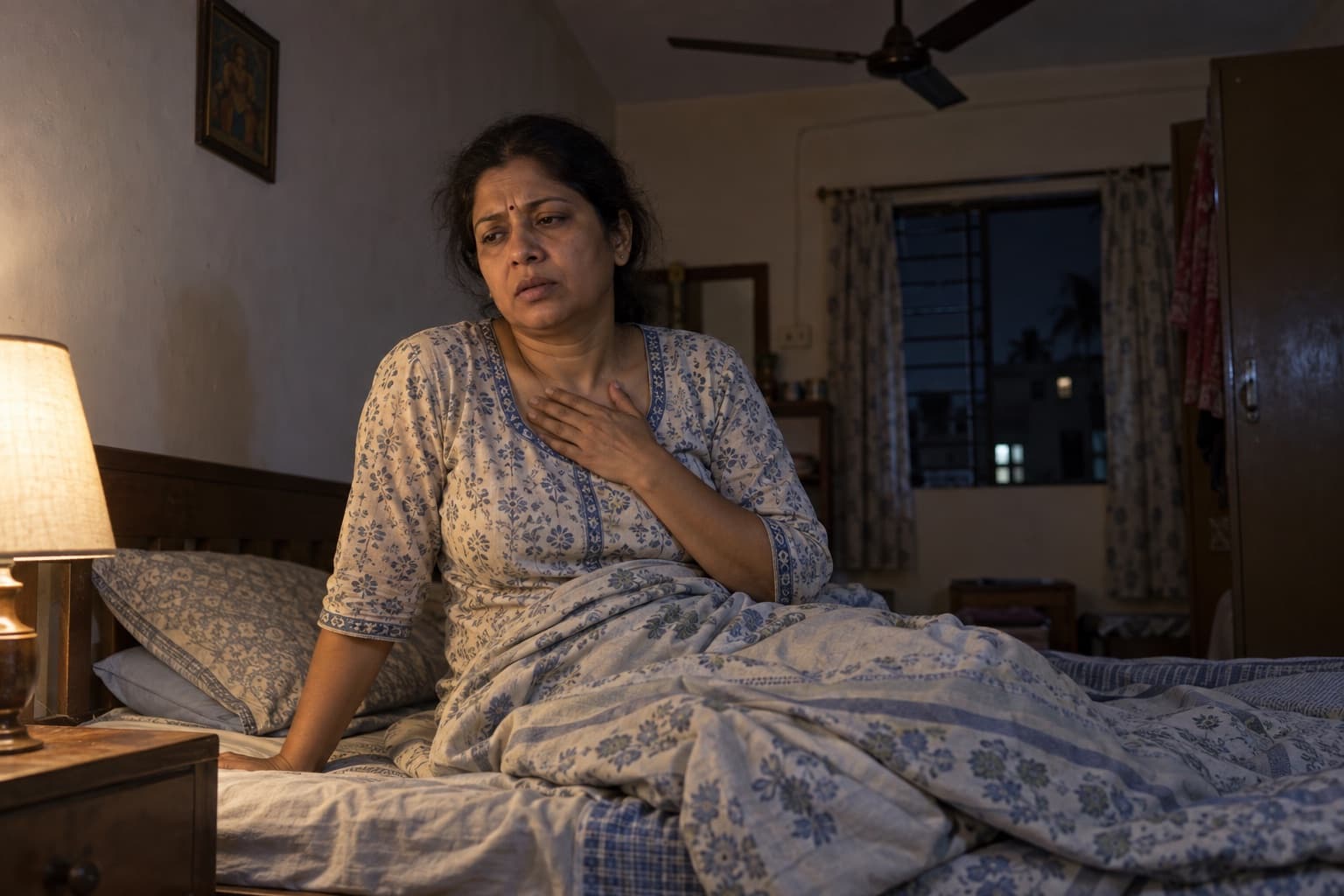 रात में साधारण कमरे में सीने के ऊपरी हिस्से में जलन से थकी हुई बैठी भारतीय महिला