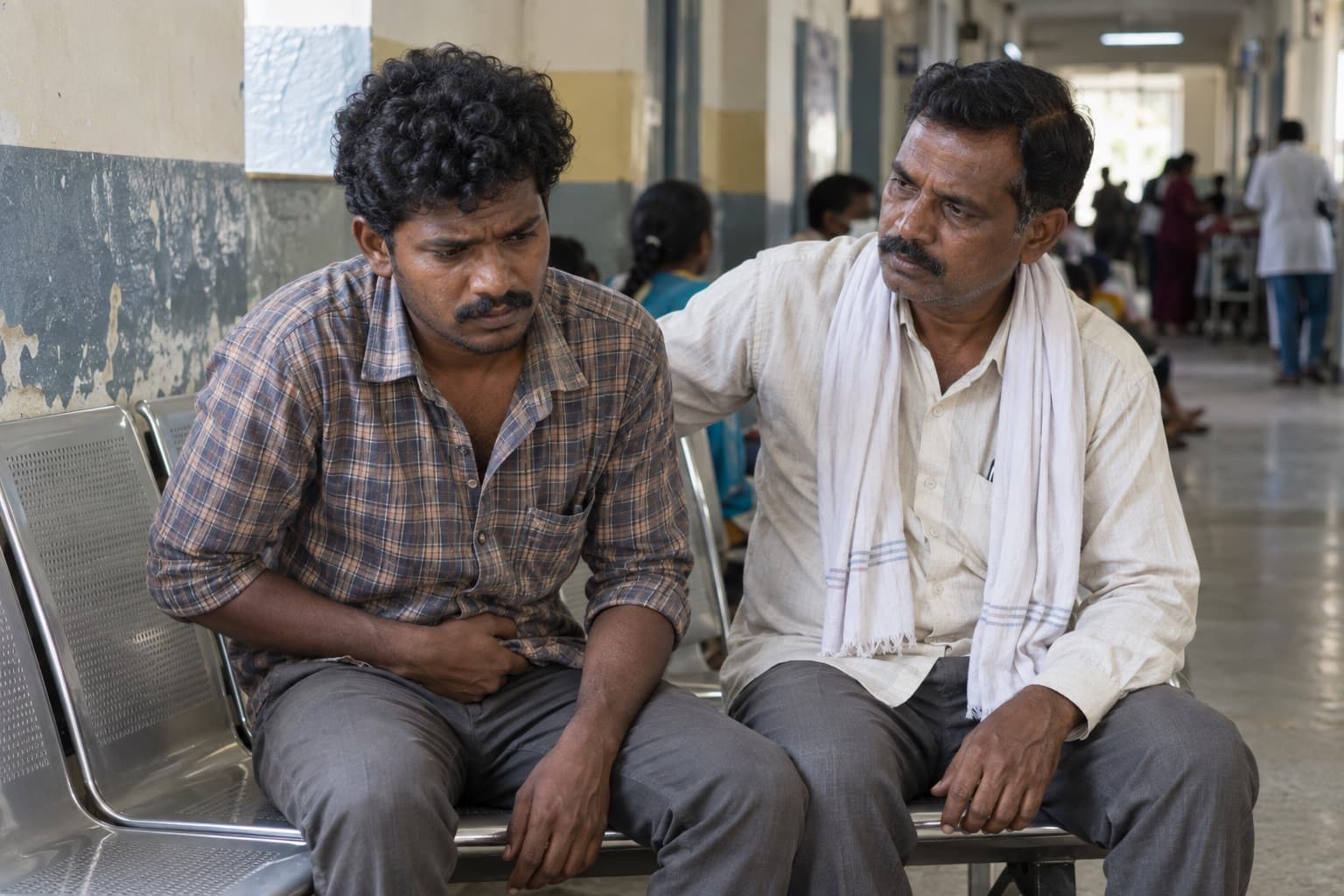 An Indian man in pain sits with a supportive relative in a modest hospital corridor