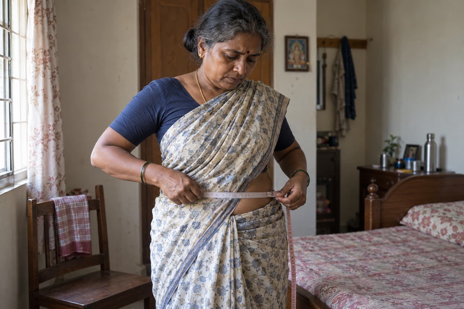 An Indian woman measures the narrowest part of her waist with a tailor's tape in her home