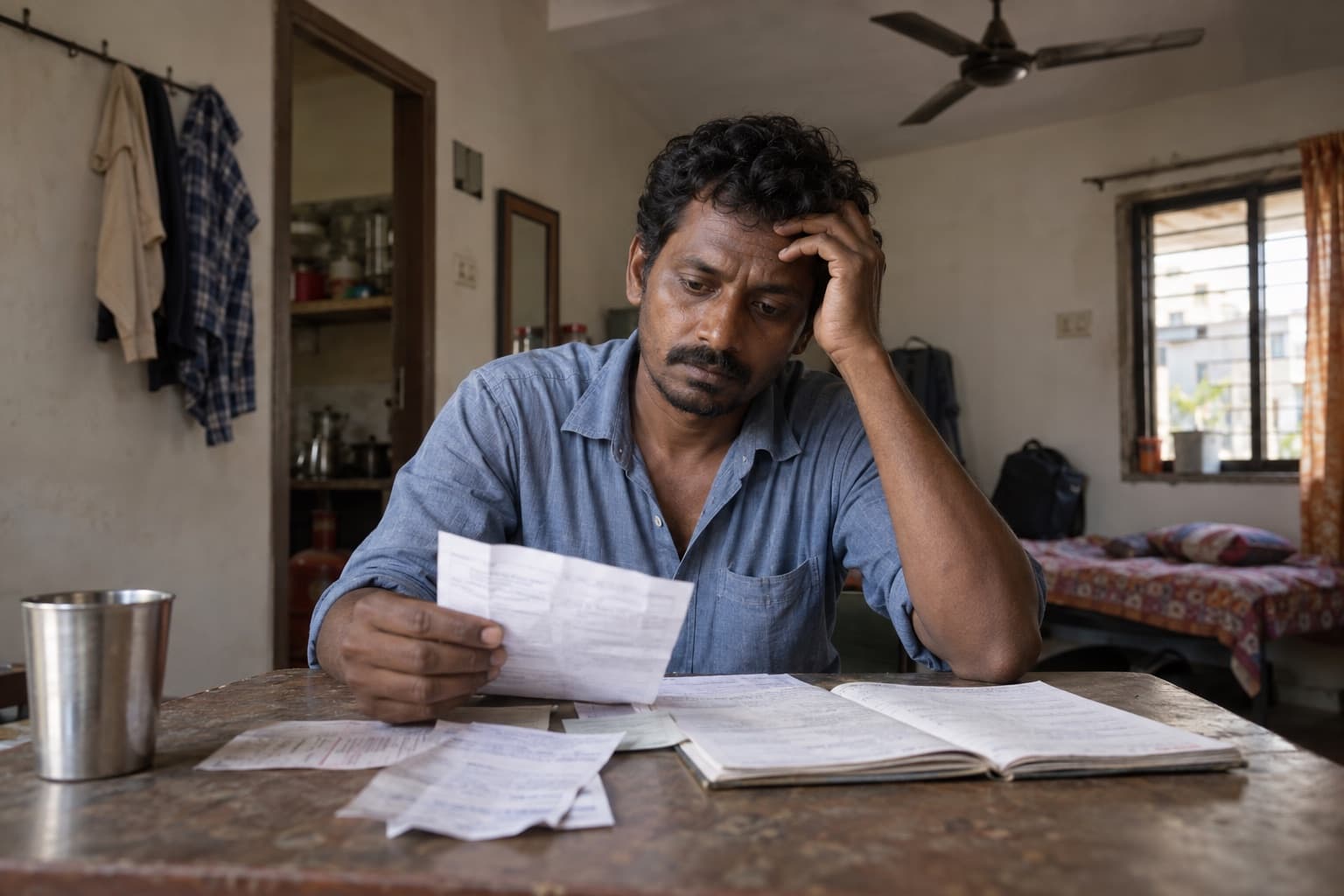 An Indian worker sits at a plain table looking worried over household bills in a modest home