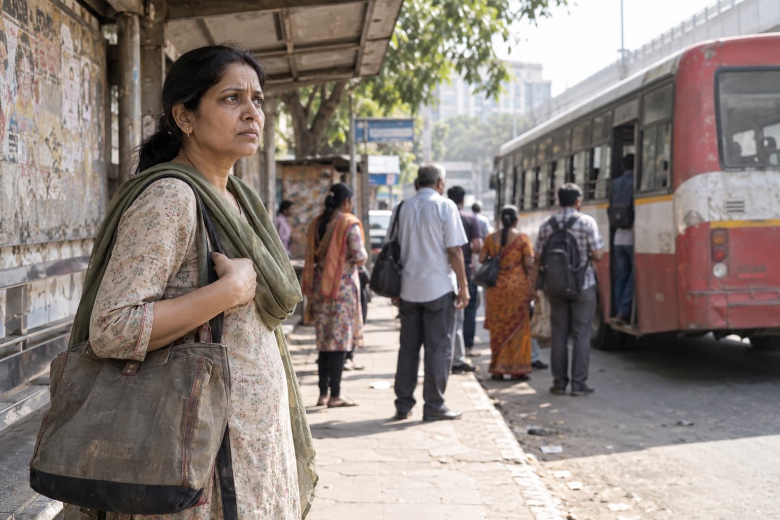 An Indian woman hesitates at a local bus stop on her way to work