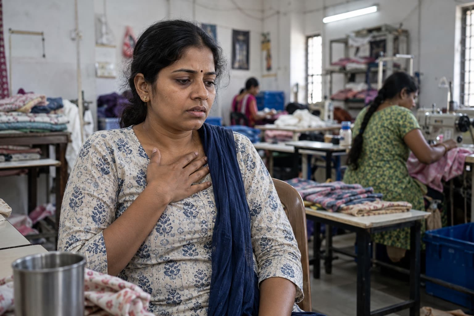 An Indian garment worker pauses with a concerned expression and a hand near her chest