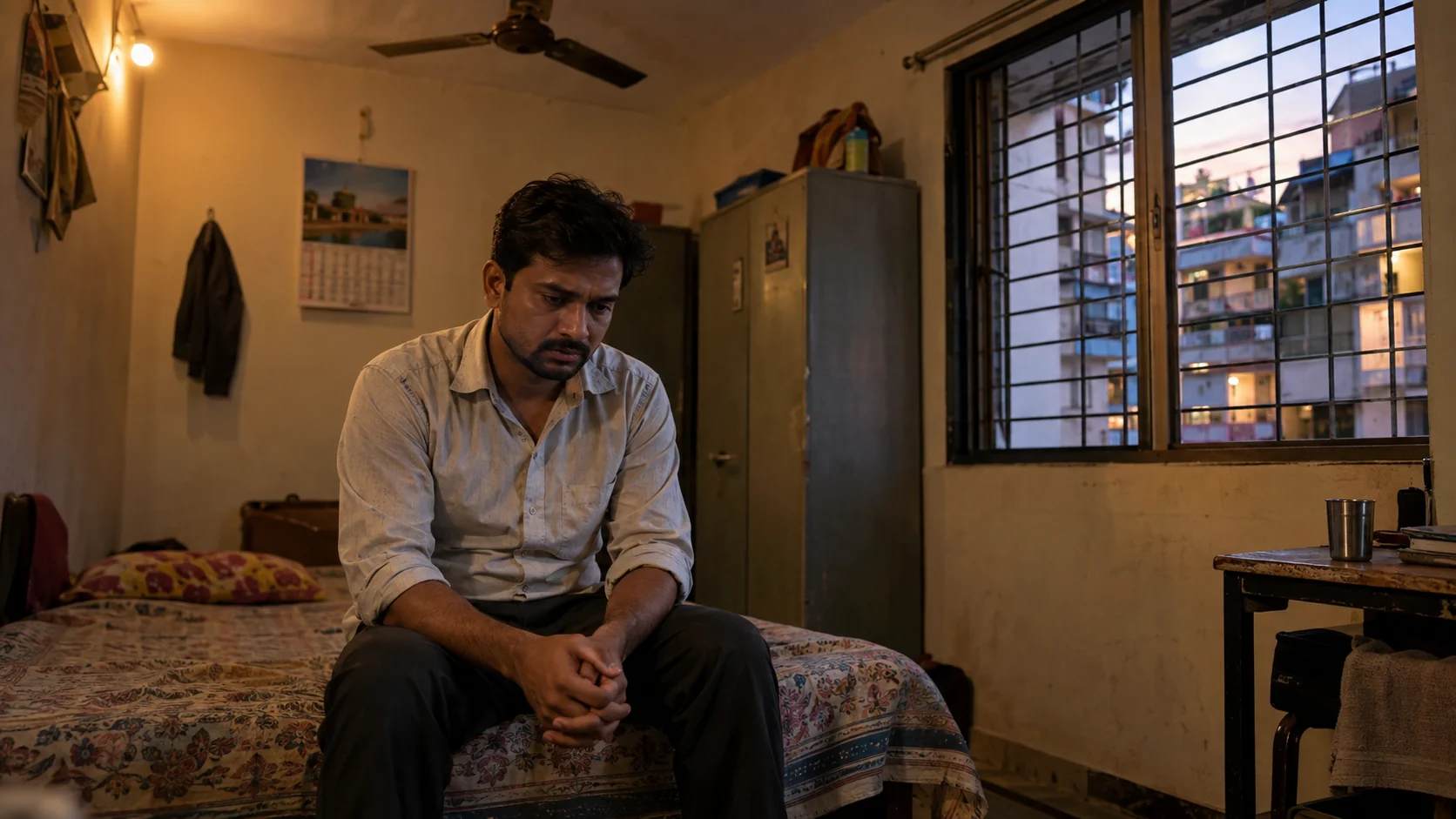 A worried Indian man sits in his small room after work