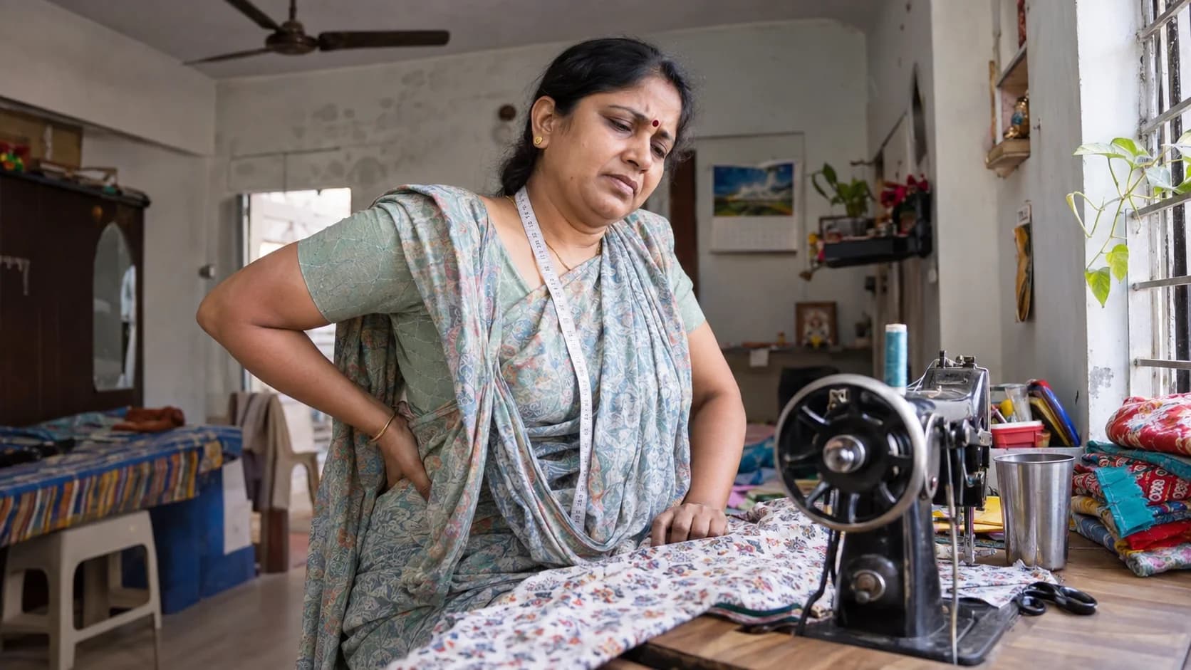 An Indian tailor pauses at her sewing machine with lower-back pain