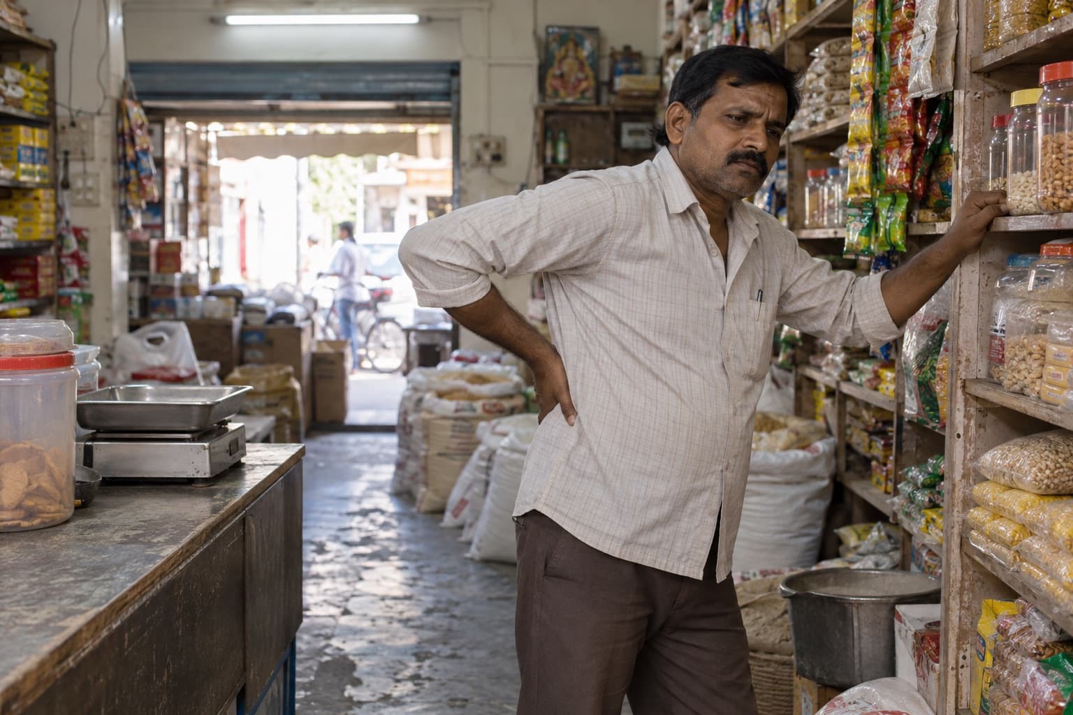 An Indian shop worker pauses beside grocery shelves with one hand at his lower back