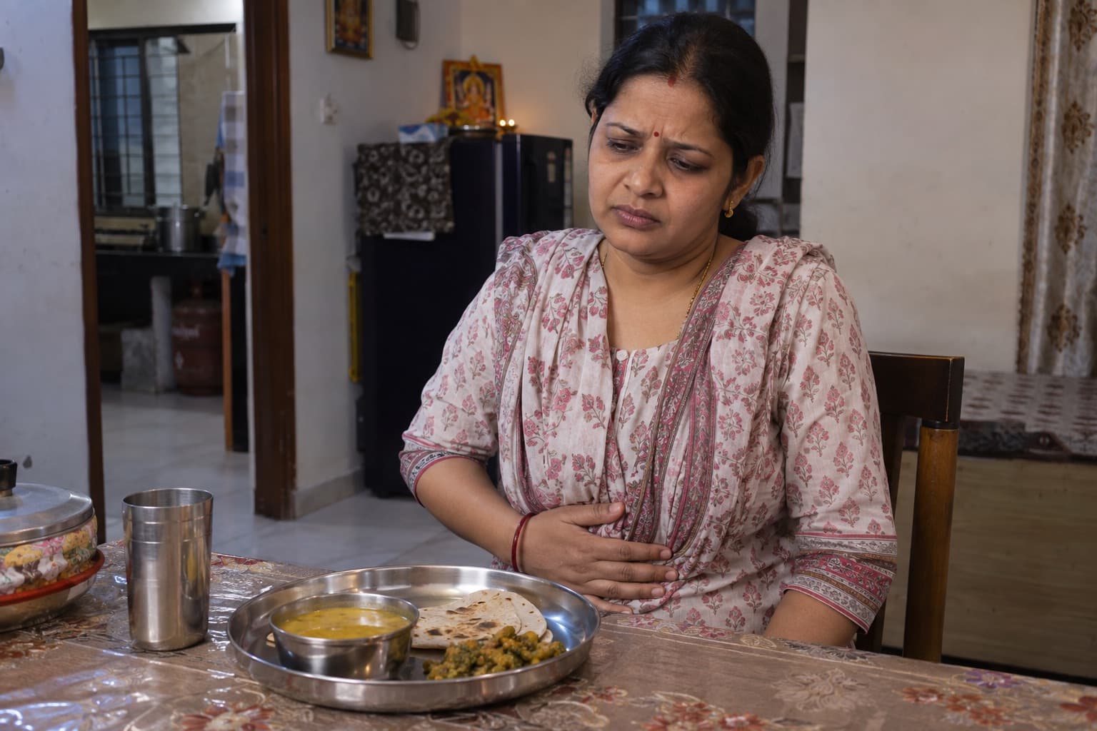 An Indian woman pauses after a simple meal in her modest home, with a hand on her upper abdomen