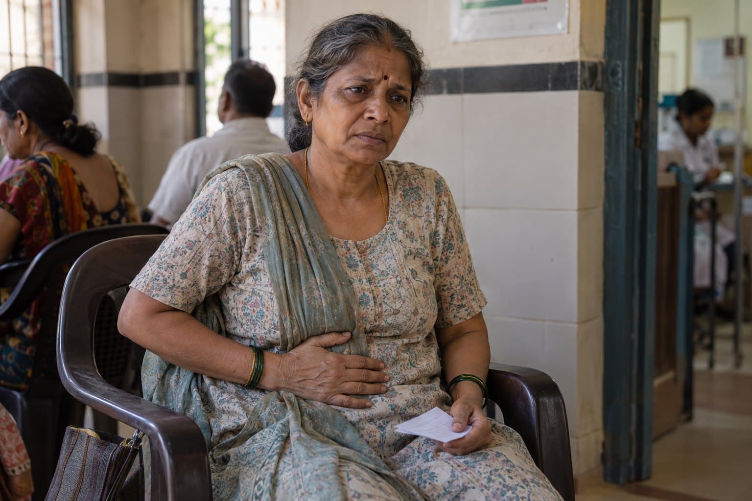 An older Indian woman with abdominal discomfort waits at a neighbourhood clinic
