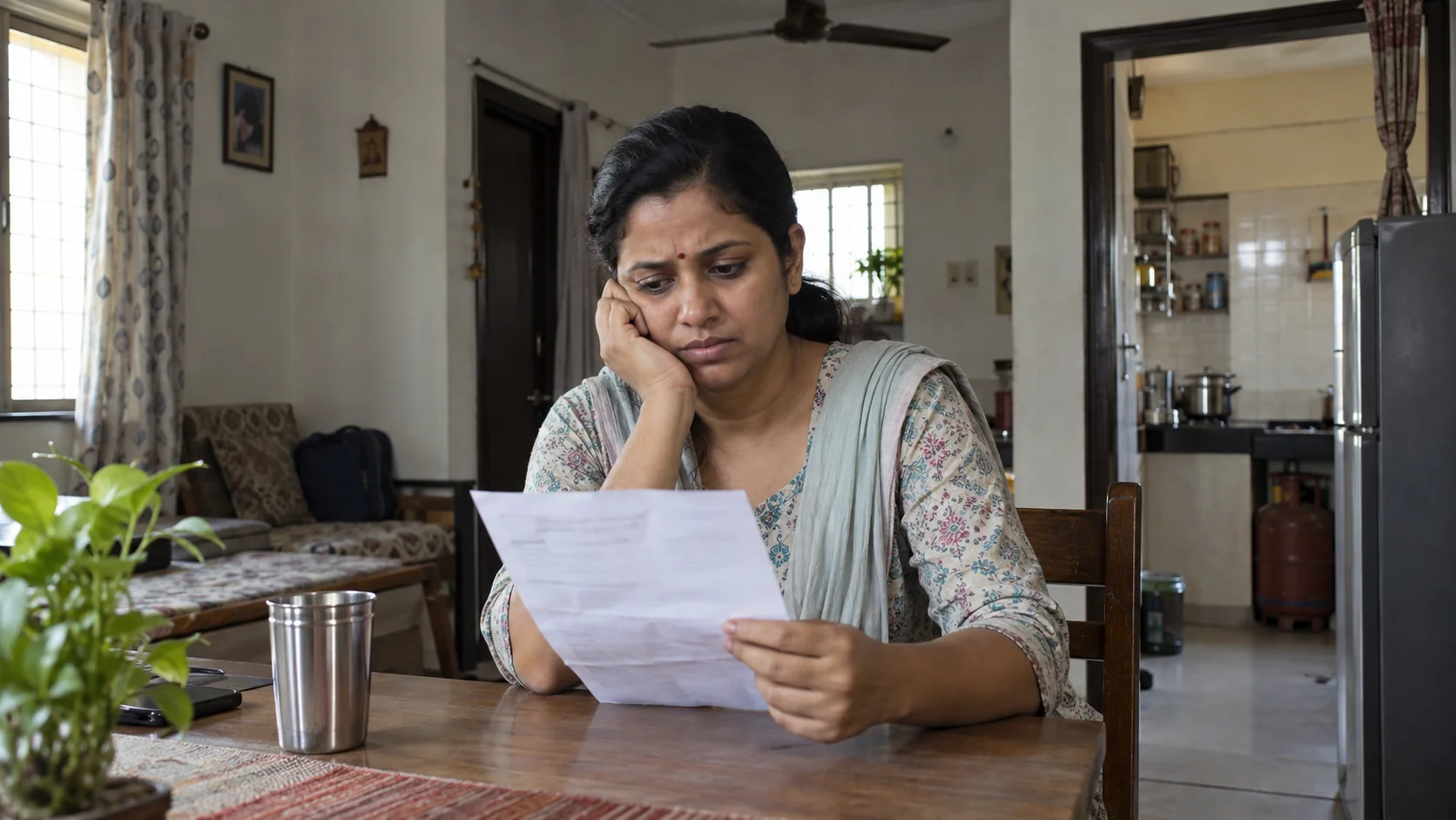 A worried Indian woman in a modest home reads a blood-test report