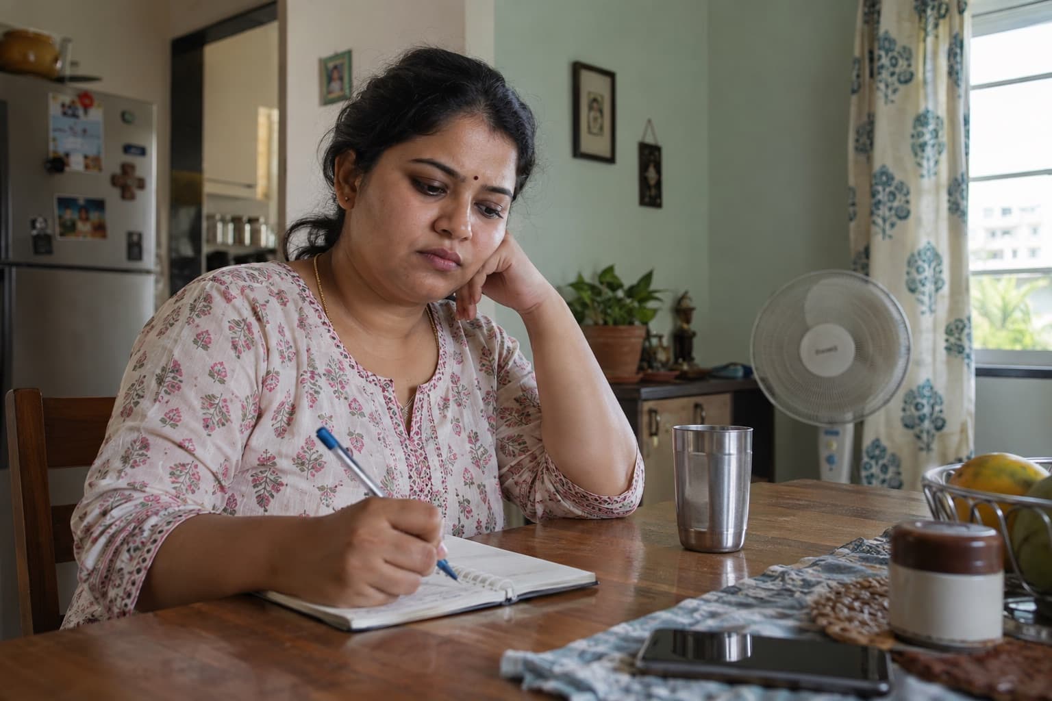 An Indian woman in a modest home writes notes before a health appointment
