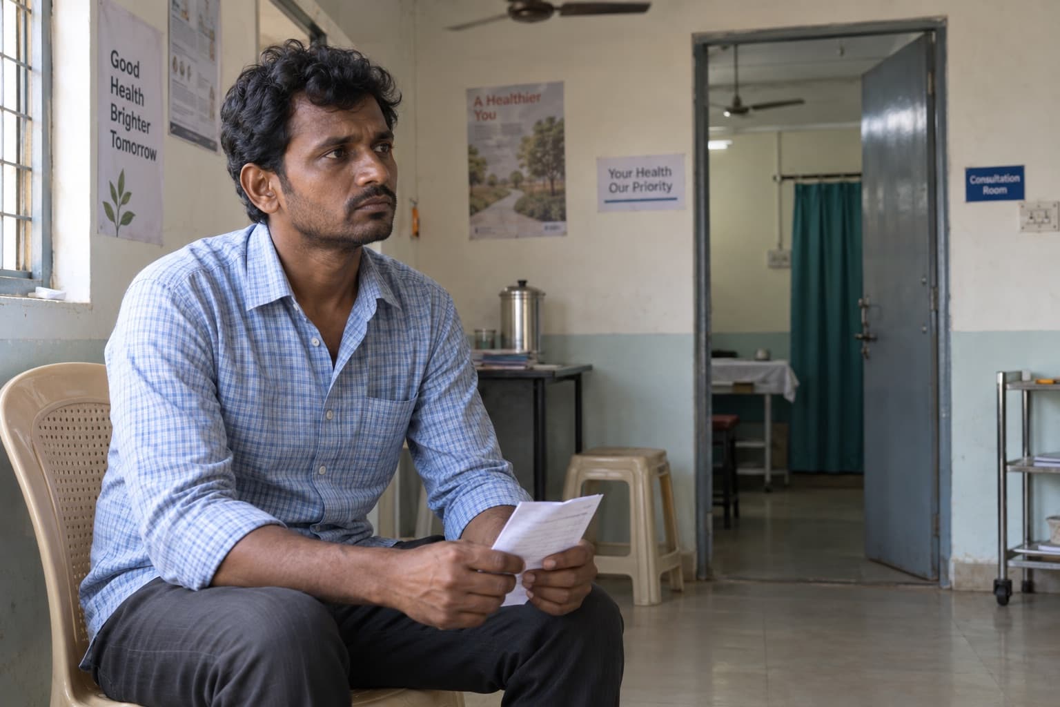 An Indian man holds a short list of questions in an ordinary clinic waiting room