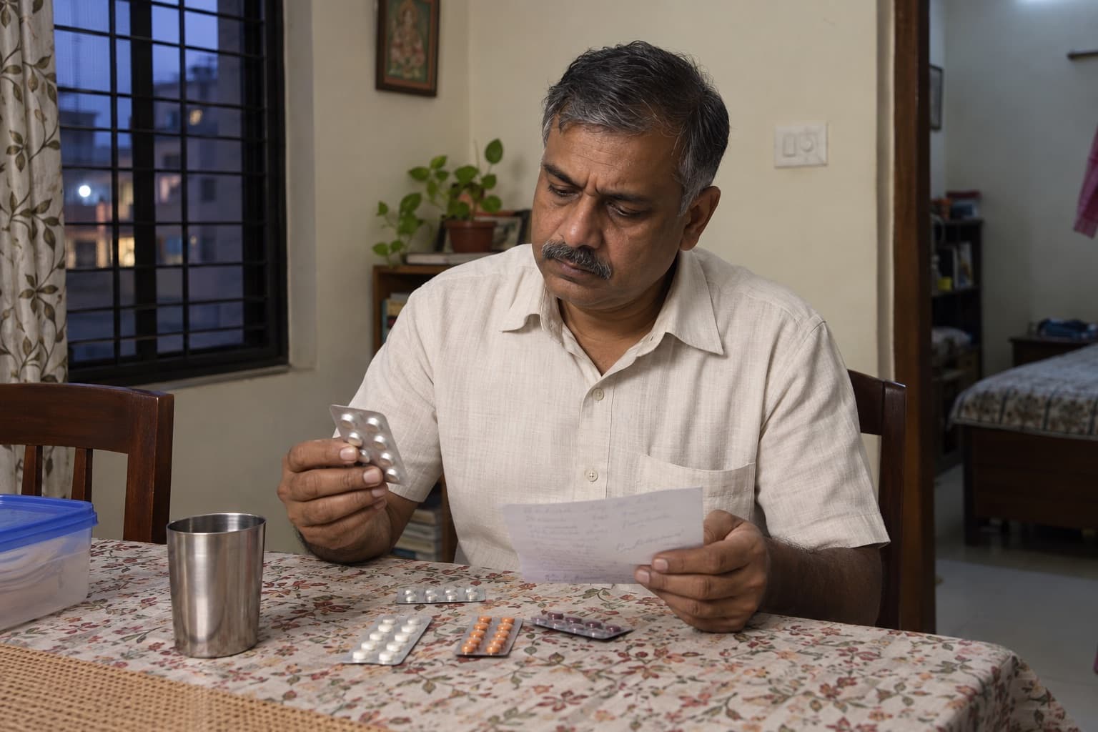 An Indian man in a modest home reviews his medicine strips and a note