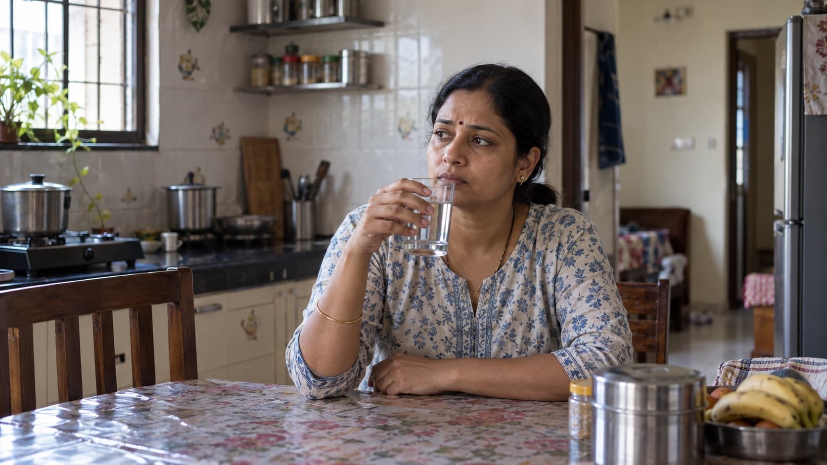 An Indian woman in her everyday kitchen pauses with a glass of water
