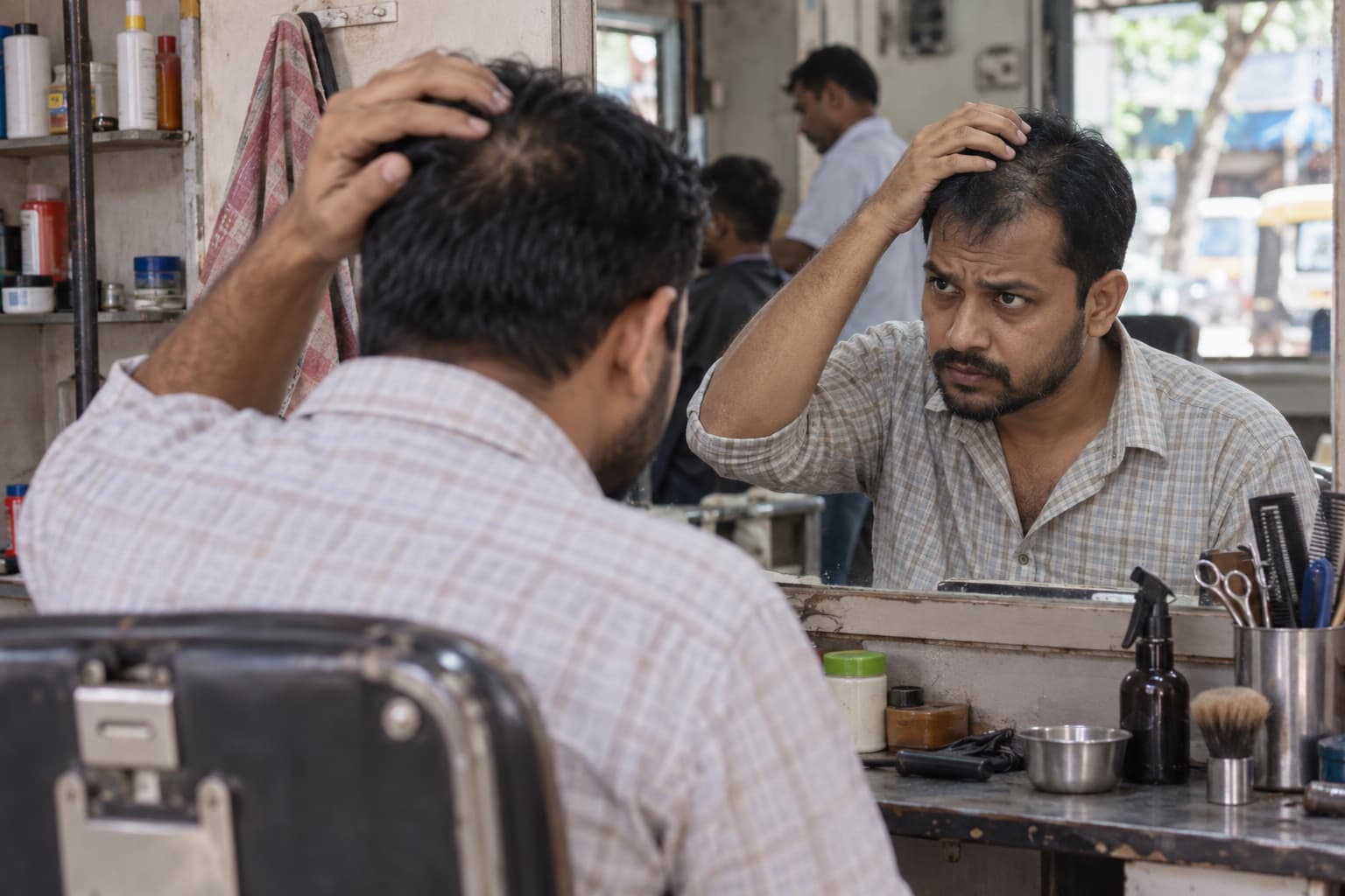 साधारण मोहल्ले की नाई की दुकान के आईने में सिर की त्वचा देखता भारतीय पुरुष
