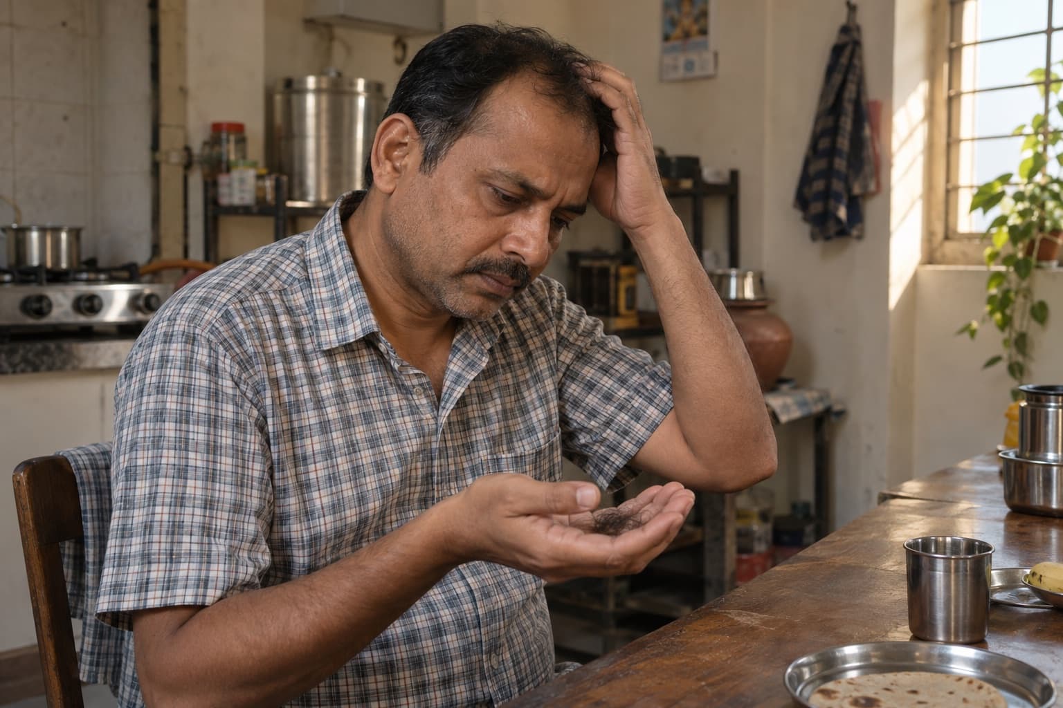 साधारण रसोई में हाथ में निकले बाल देखता भारतीय पुरुष