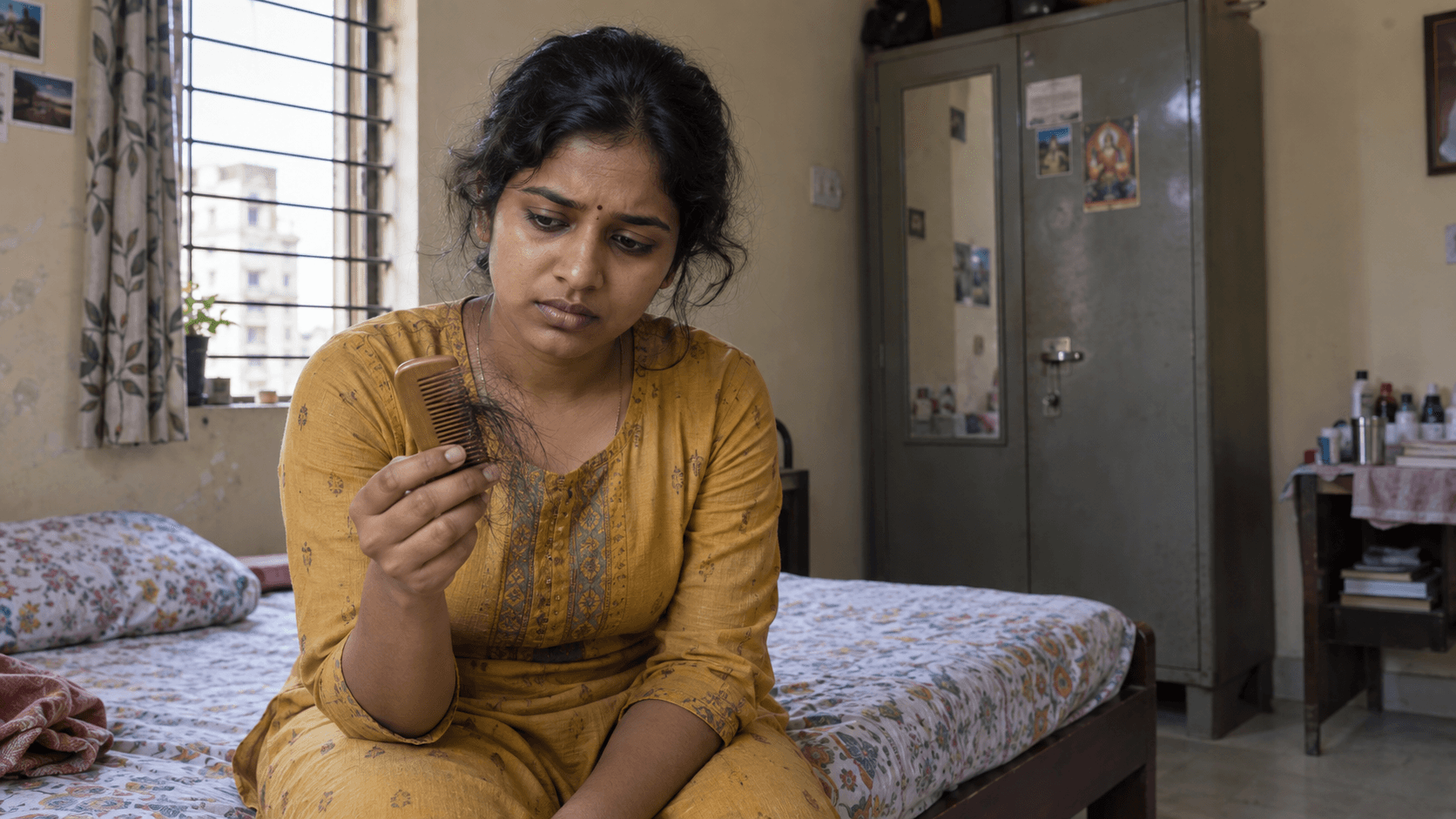 साधारण घर के कमरे में कंघी में फँसे बाल देखकर चिंतित भारतीय महिला