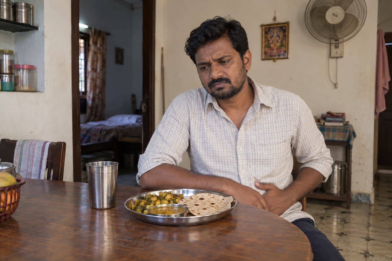 An Indian man with abdominal discomfort sits at the table of a modest home