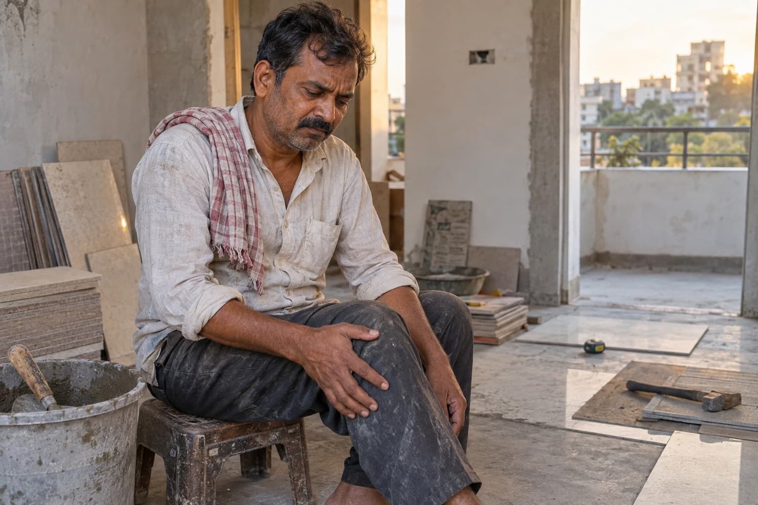 An Indian tile worker pauses with knee discomfort at a modest worksite