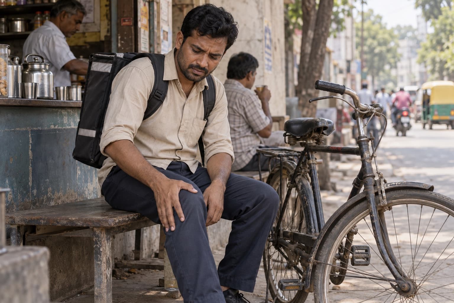 An Indian delivery worker rests his painful knee beside his bicycle at a neighbourhood tea stall