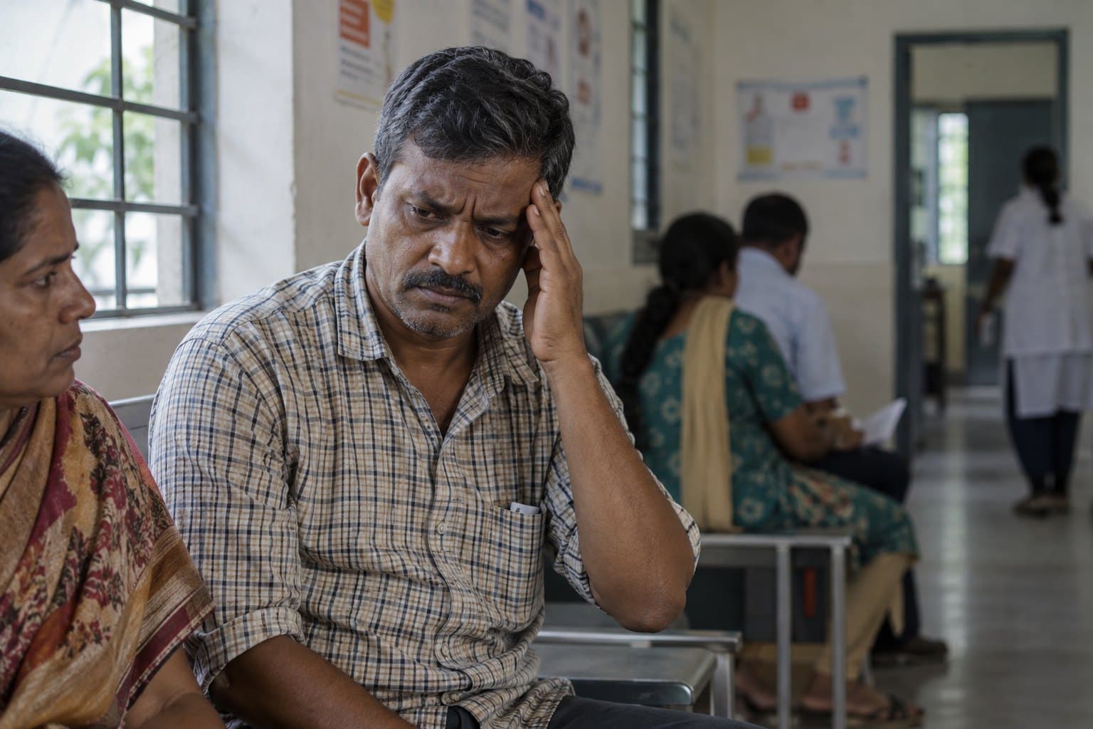 An Indian man with a headache waits with a family member at a neighbourhood clinic