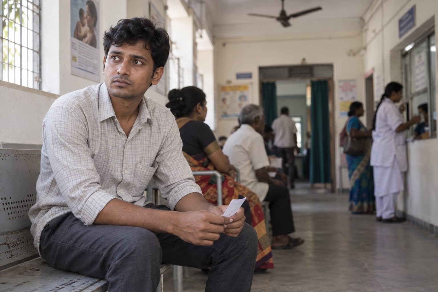 A young Indian man waits for an appointment in a modest outpatient clinic