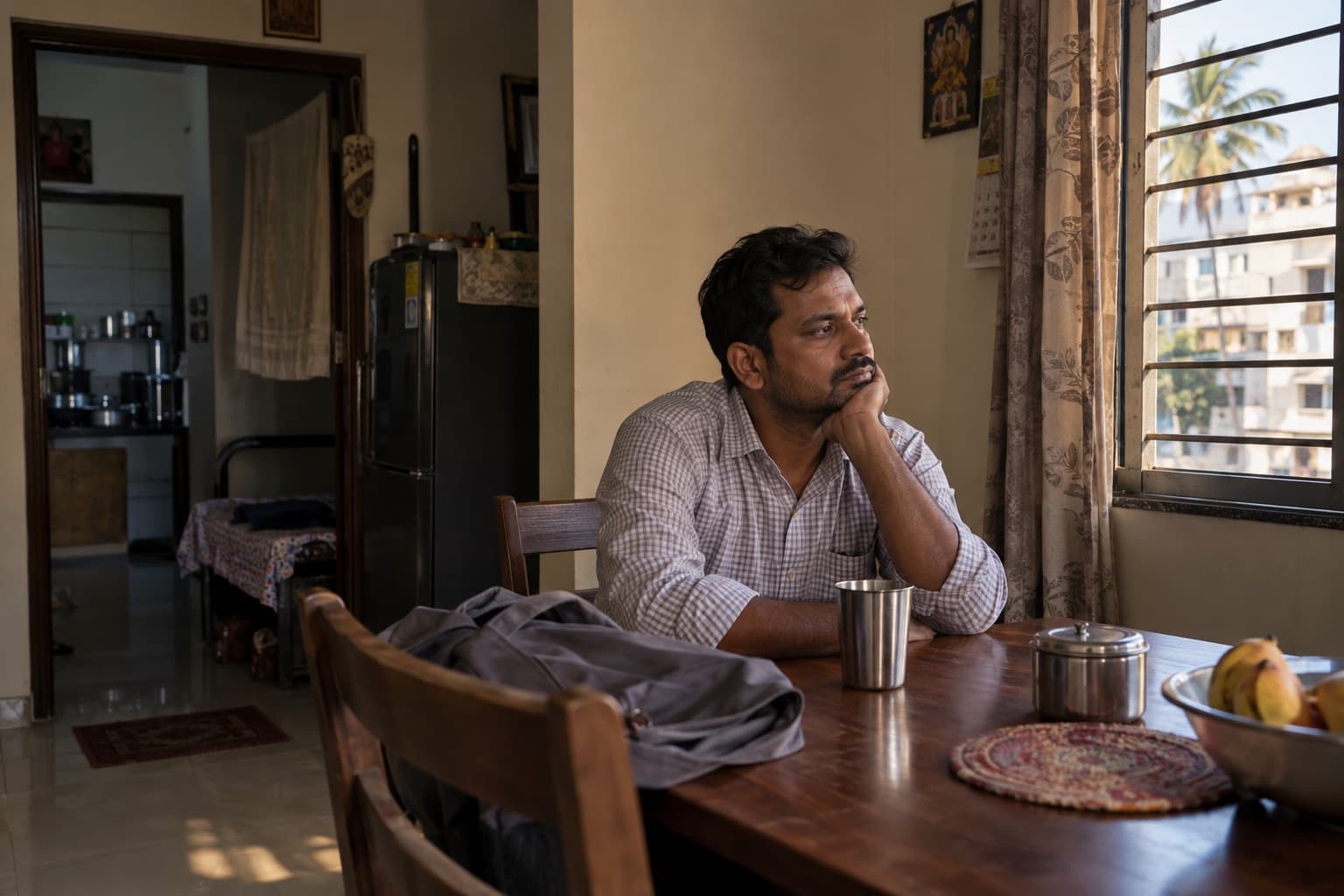 An Indian man sits quietly at home after work, looking out of the window