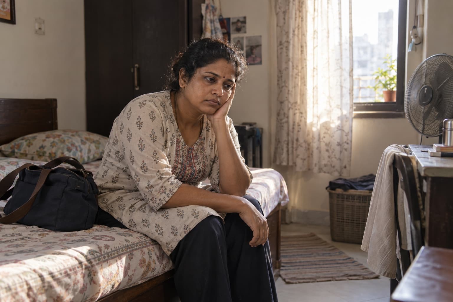 An Indian woman sits tired on a simple bed after returning from a night shift