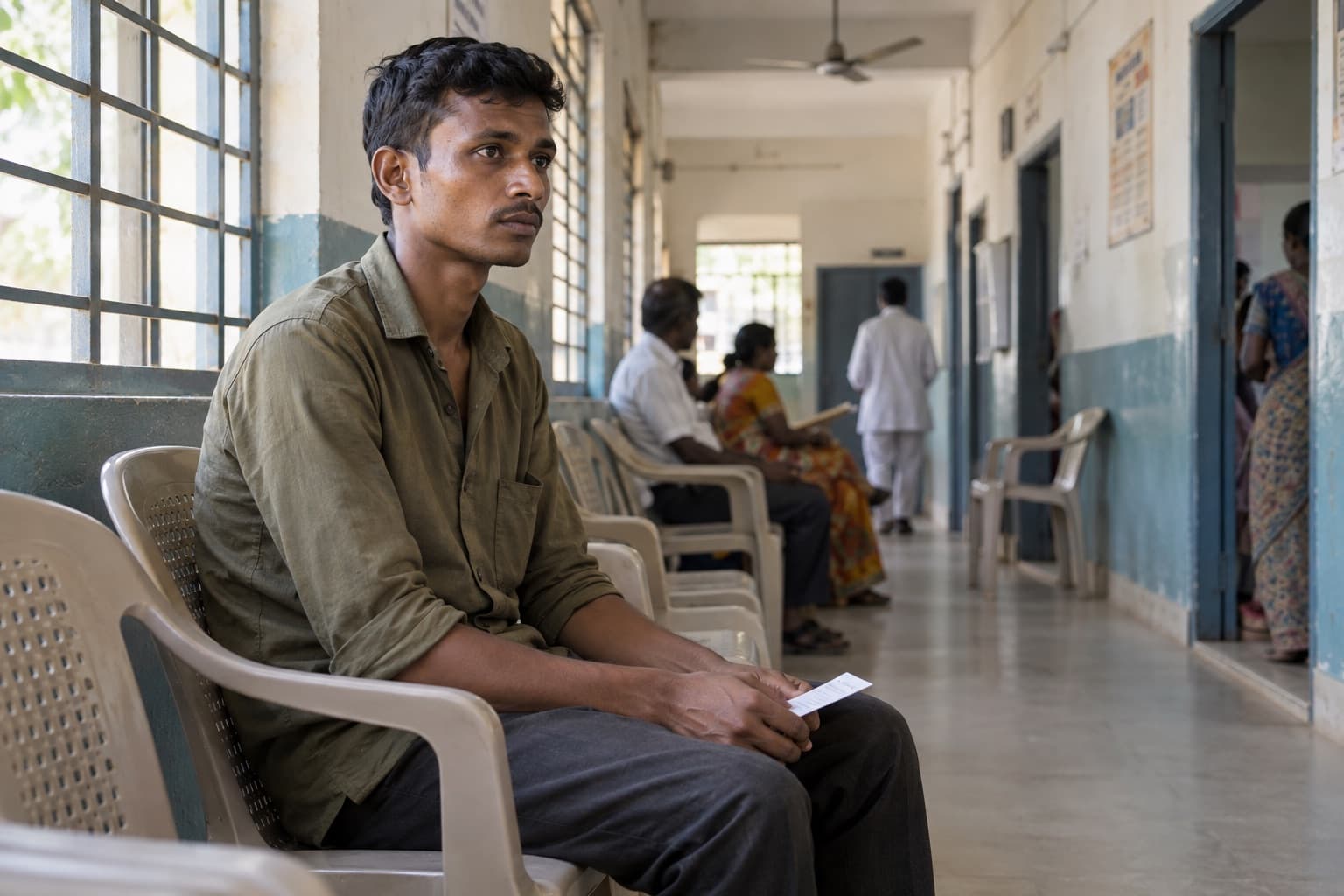 An Indian man waits with an appointment slip in a modest clinic corridor
