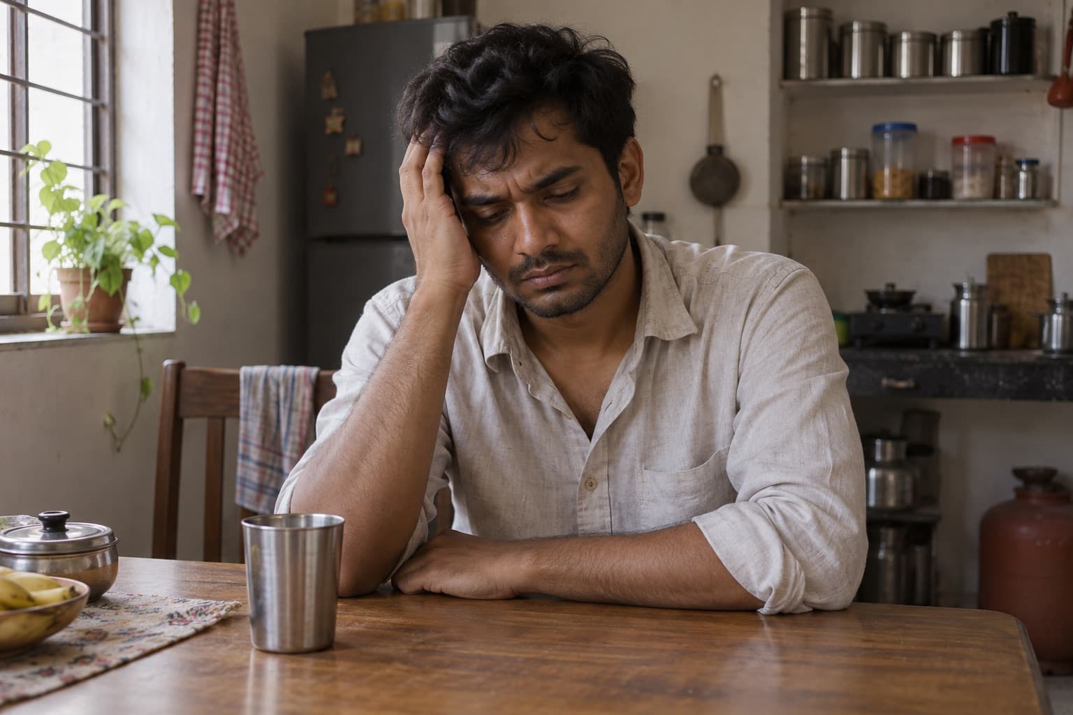 An Indian man rests one hand against his head in a modest kitchen