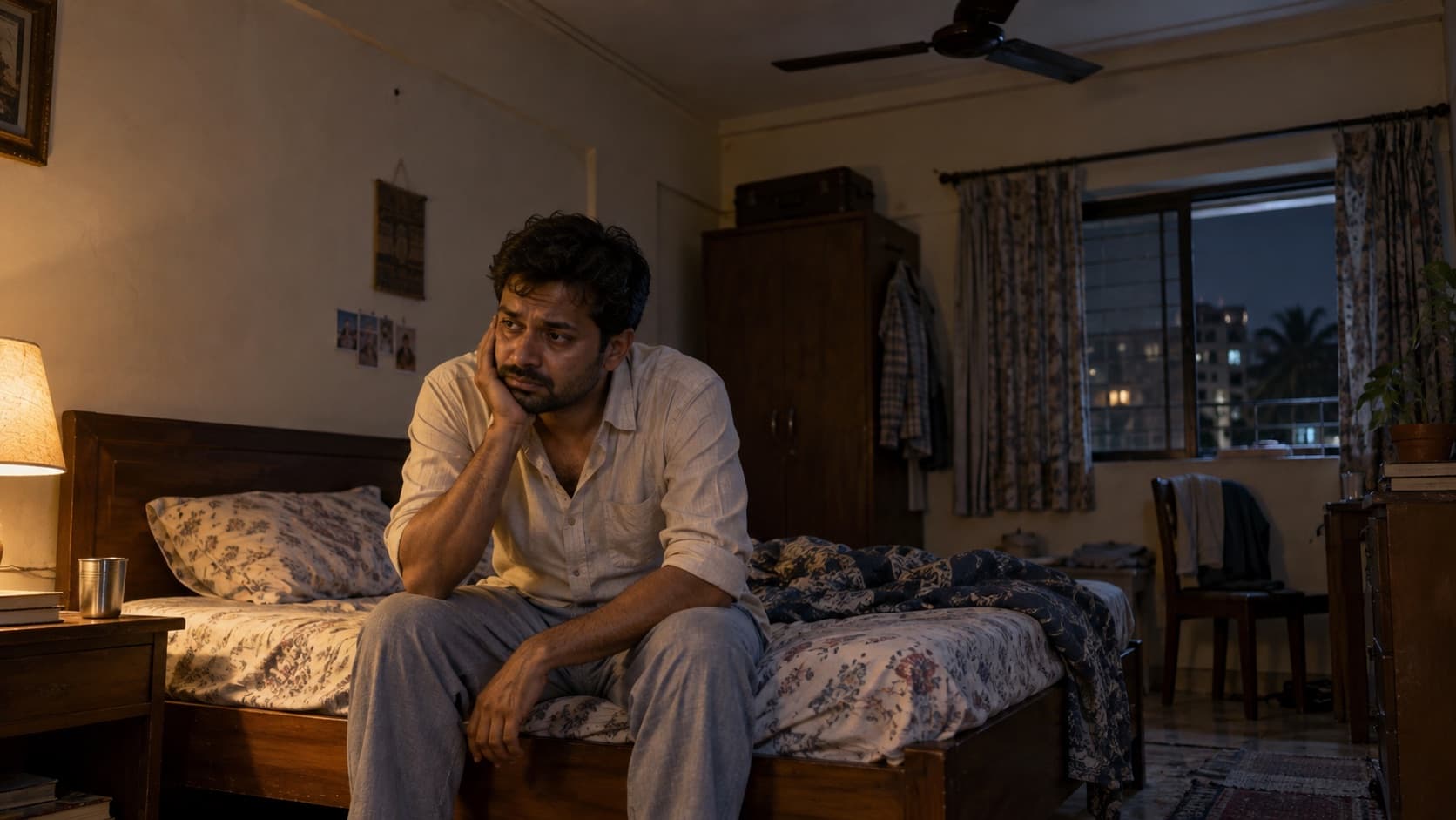 A tired Indian man sits on his bed at night in a modest bedroom