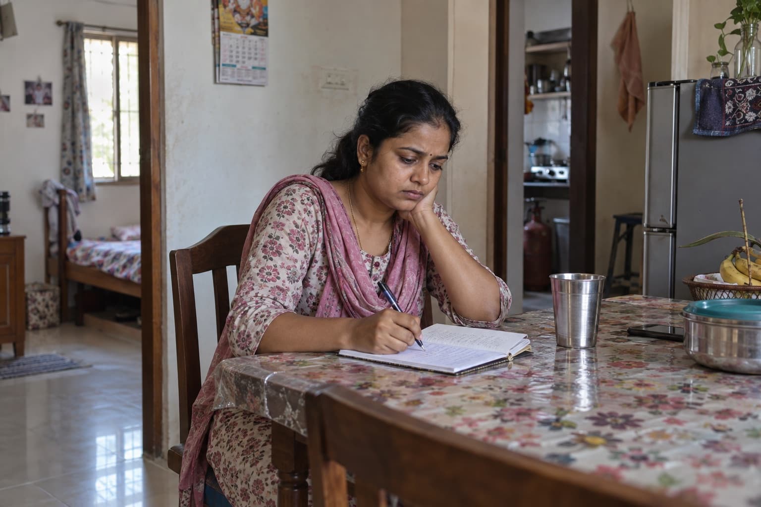 An Indian woman in a modest home writes down private symptoms before a clinic visit