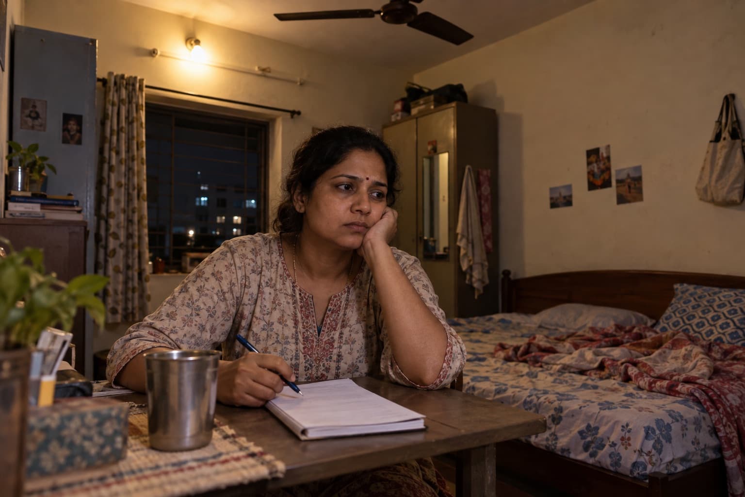 An Indian woman sits with a notebook in a modest bedroom at night, looking worried and tired
